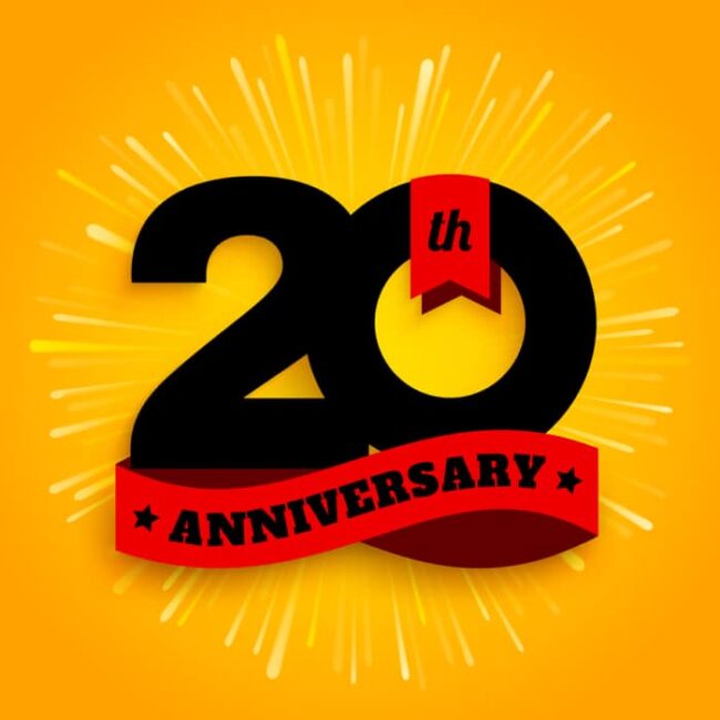 20th anniversary graphic on yellow background on Aeroseal Commercial Windows and Storefront's website.